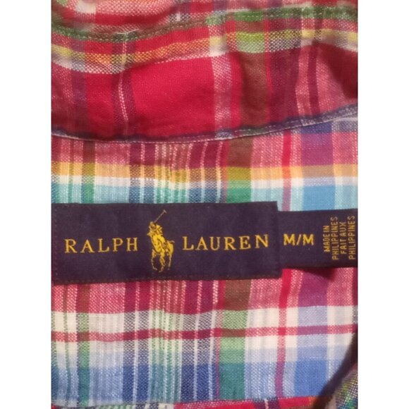 Ralph Lauren Shirt Mens Medium M Madras Plaid Multicolor Button Down 100% Linen - Picture 10 of 14